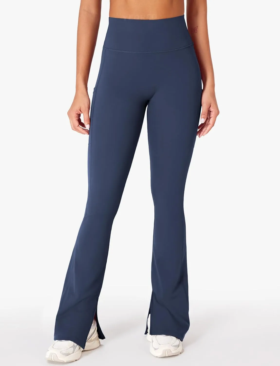 YEOREO Women Mini Flare Split Hem Leggings with Pockets Tummy Control Workout Leggings Anilnia Hidden Scrunch Gym Yoga Pants