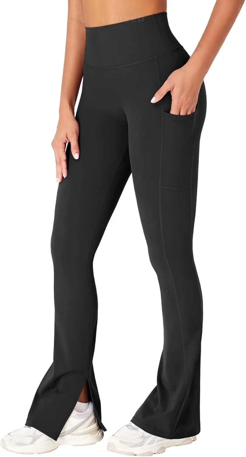 YEOREO Women Mini Flare Split Hem Leggings with Pockets Tummy Control Workout Leggings Anilnia Hidden Scrunch Gym Yoga Pants