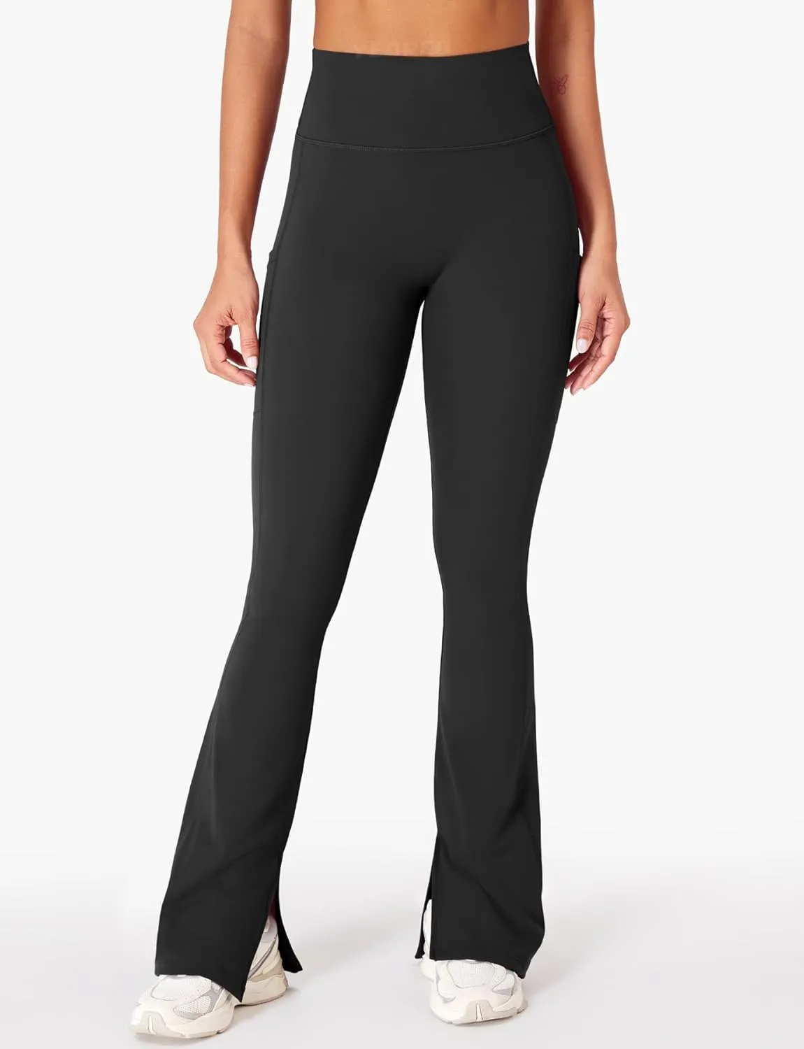 YEOREO Women Mini Flare Split Hem Leggings with Pockets Tummy Control Workout Leggings Anilnia Hidden Scrunch Gym Yoga Pants