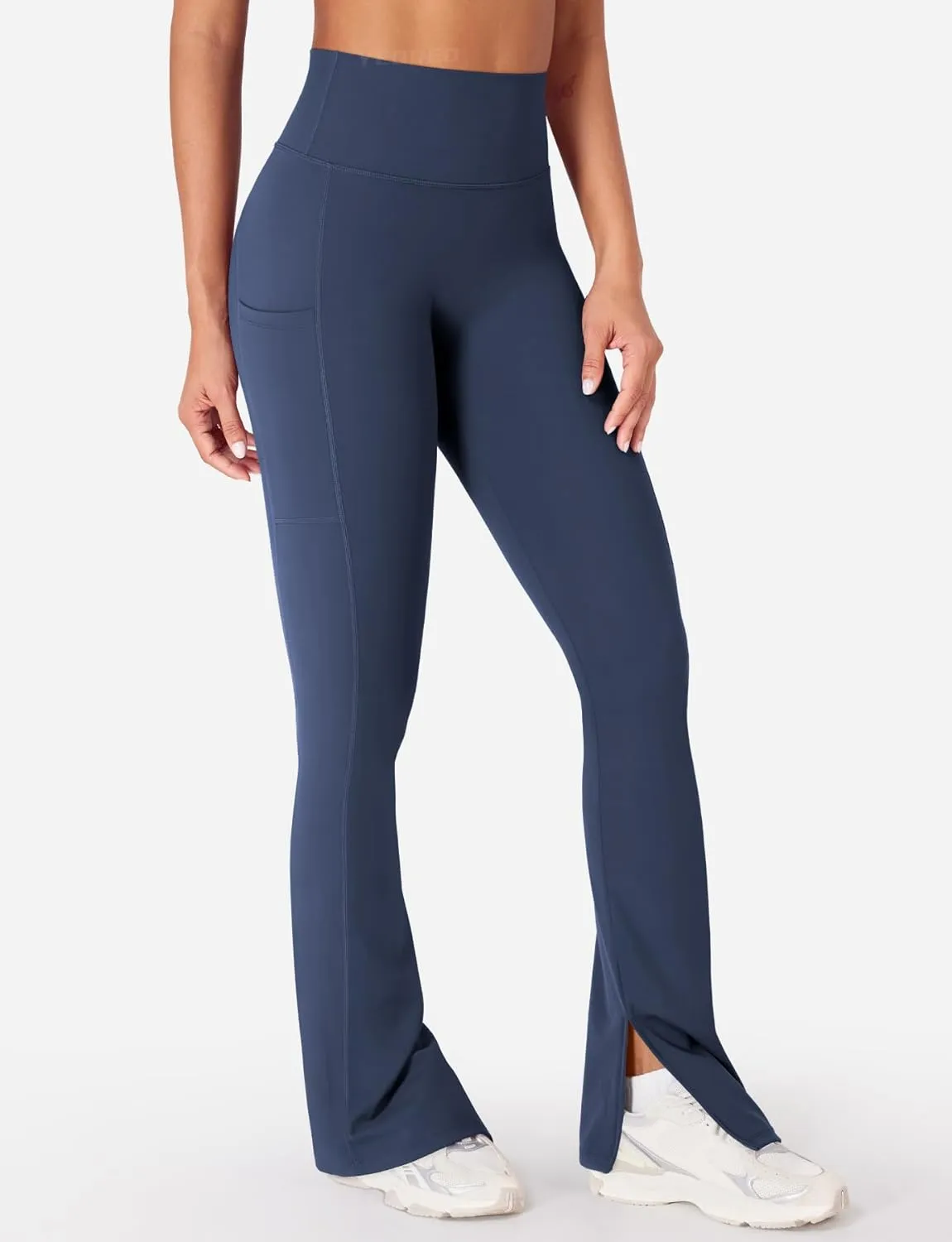 YEOREO Women Mini Flare Split Hem Leggings with Pockets Tummy Control Workout Leggings Anilnia Hidden Scrunch Gym Yoga Pants