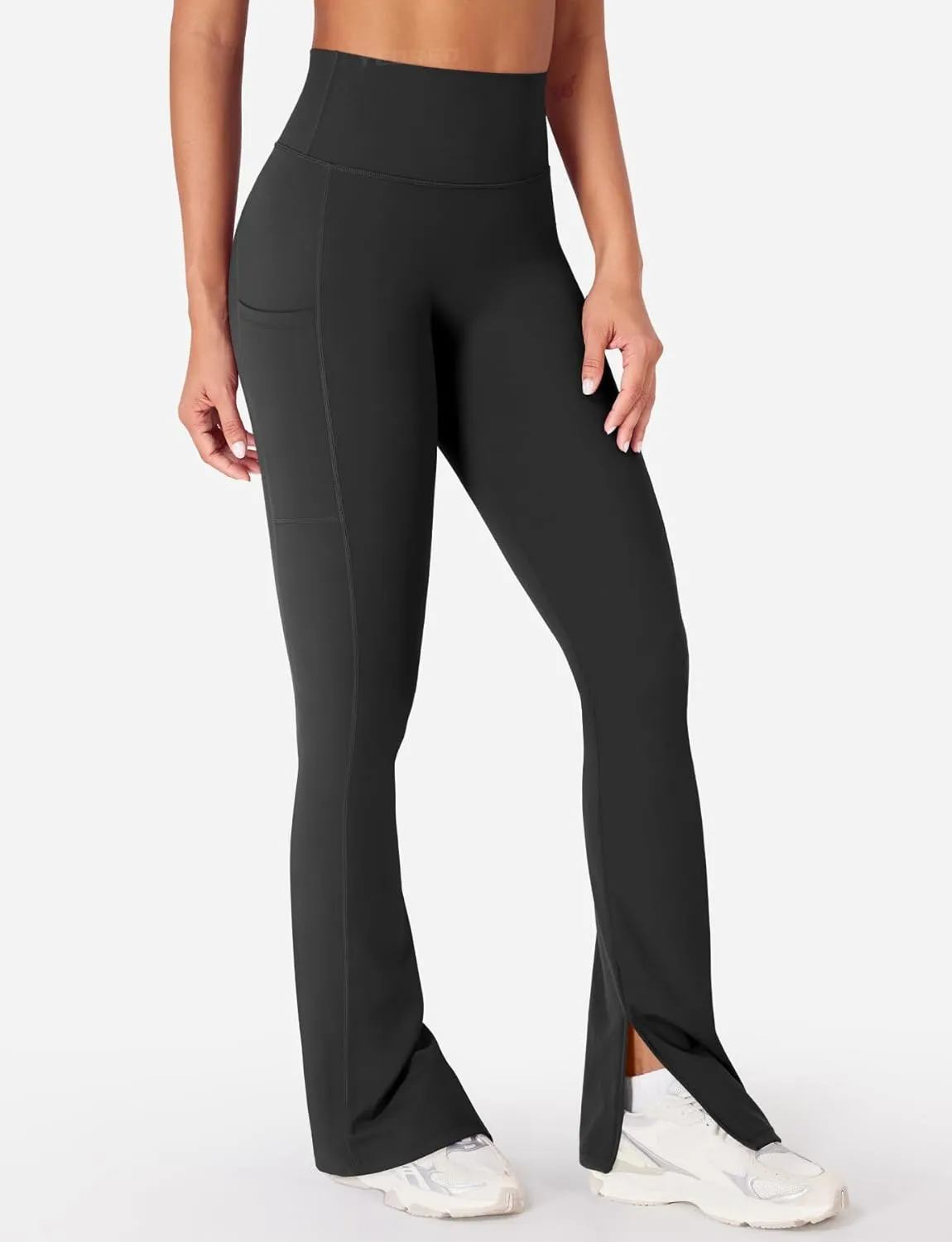 YEOREO Women Mini Flare Split Hem Leggings with Pockets Tummy Control Workout Leggings Anilnia Hidden Scrunch Gym Yoga Pants