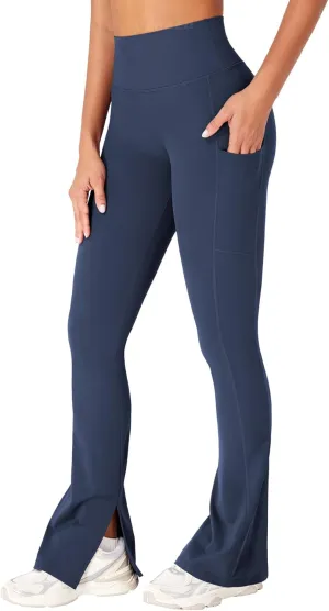 YEOREO Women Mini Flare Split Hem Leggings with Pockets Tummy Control Workout Leggings Anilnia Hidden Scrunch Gym Yoga Pants