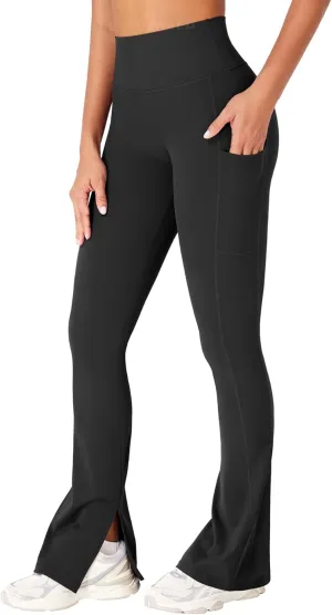 YEOREO Women Mini Flare Split Hem Leggings with Pockets Tummy Control Workout Leggings Anilnia Hidden Scrunch Gym Yoga Pants