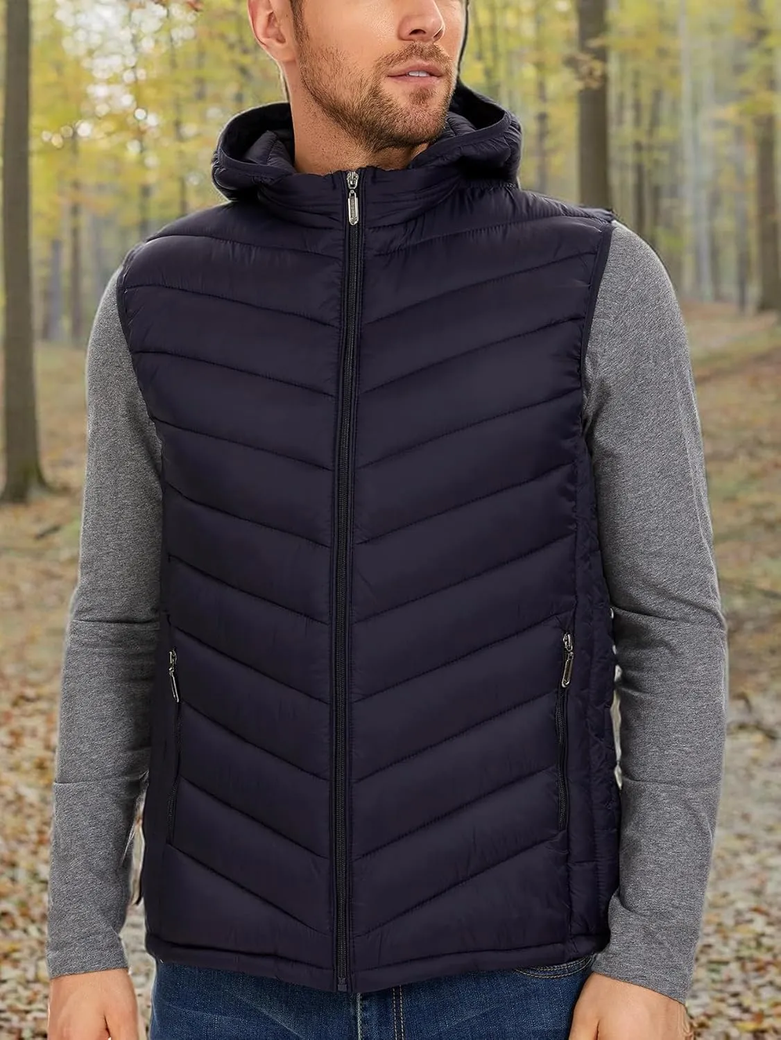 YKR Mens Puffer Vest Lightweight Winter Hooded Puffy Outerwear Vests Quilted Gilet with Pockets
