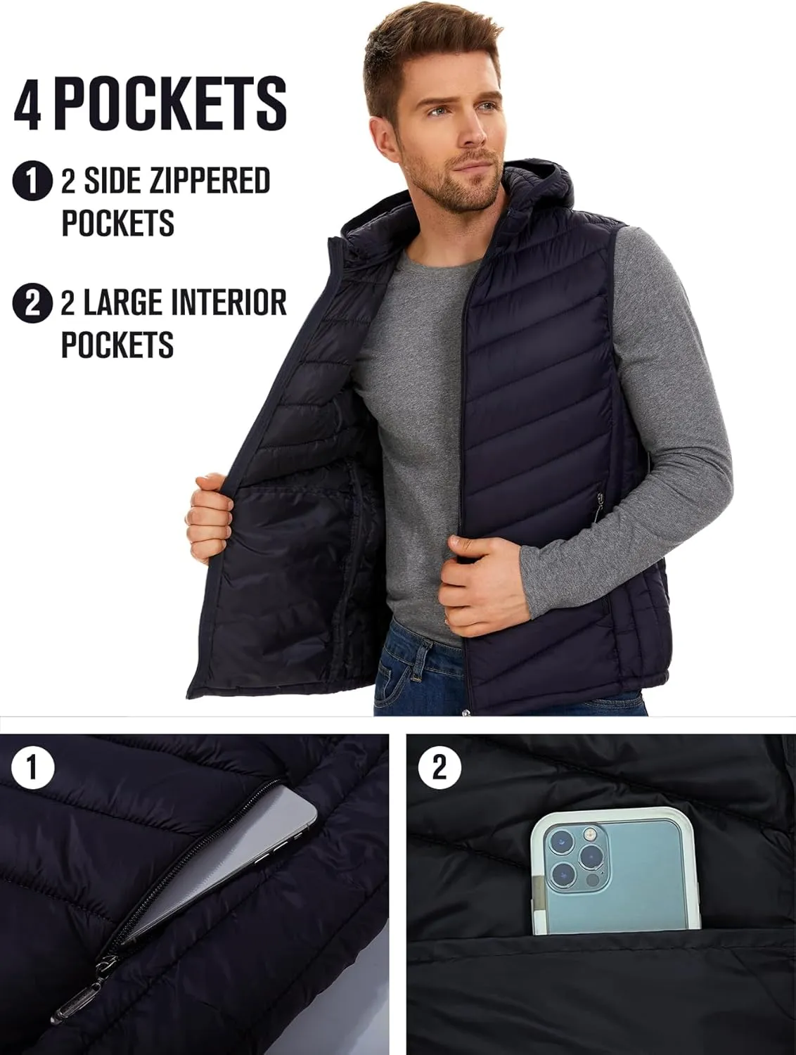 YKR Mens Puffer Vest Lightweight Winter Hooded Puffy Outerwear Vests Quilted Gilet with Pockets