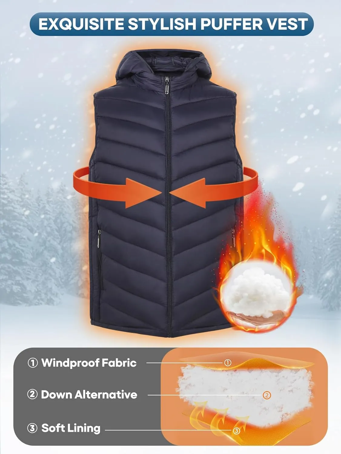 YKR Mens Puffer Vest Lightweight Winter Hooded Puffy Outerwear Vests Quilted Gilet with Pockets