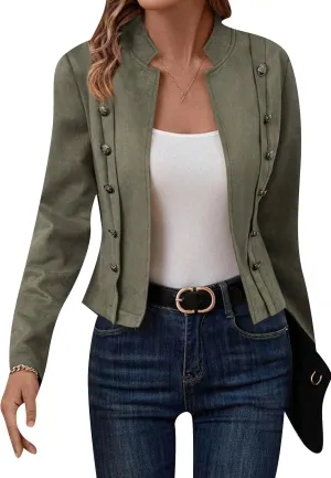 YMING Womens Faux Suede Double Breasted Coats Fall Long Sleeve Jackets Vintage Solid Color Moto Coats