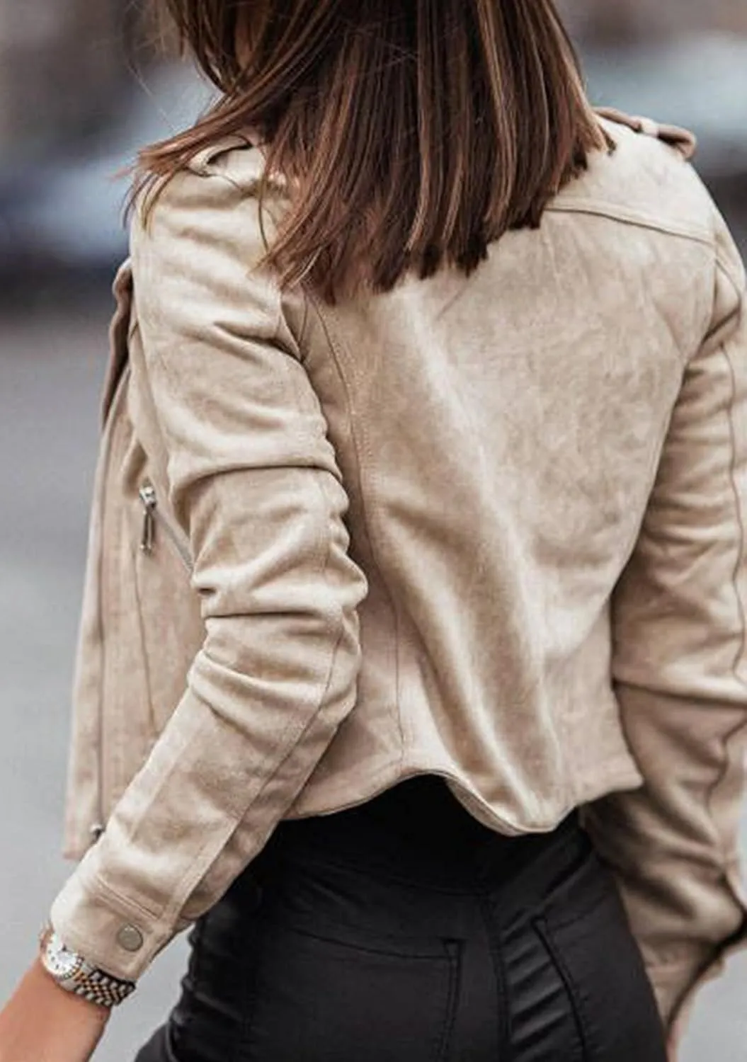YMING Womens Faux Suede Lapel Collar Coats Fall Zipper Jackets Solid Color Moto Biker Coats