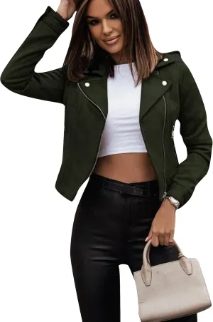 YMING Womens Faux Suede Lapel Collar Coats Fall Zipper Jackets Solid Color Moto Biker Coats
