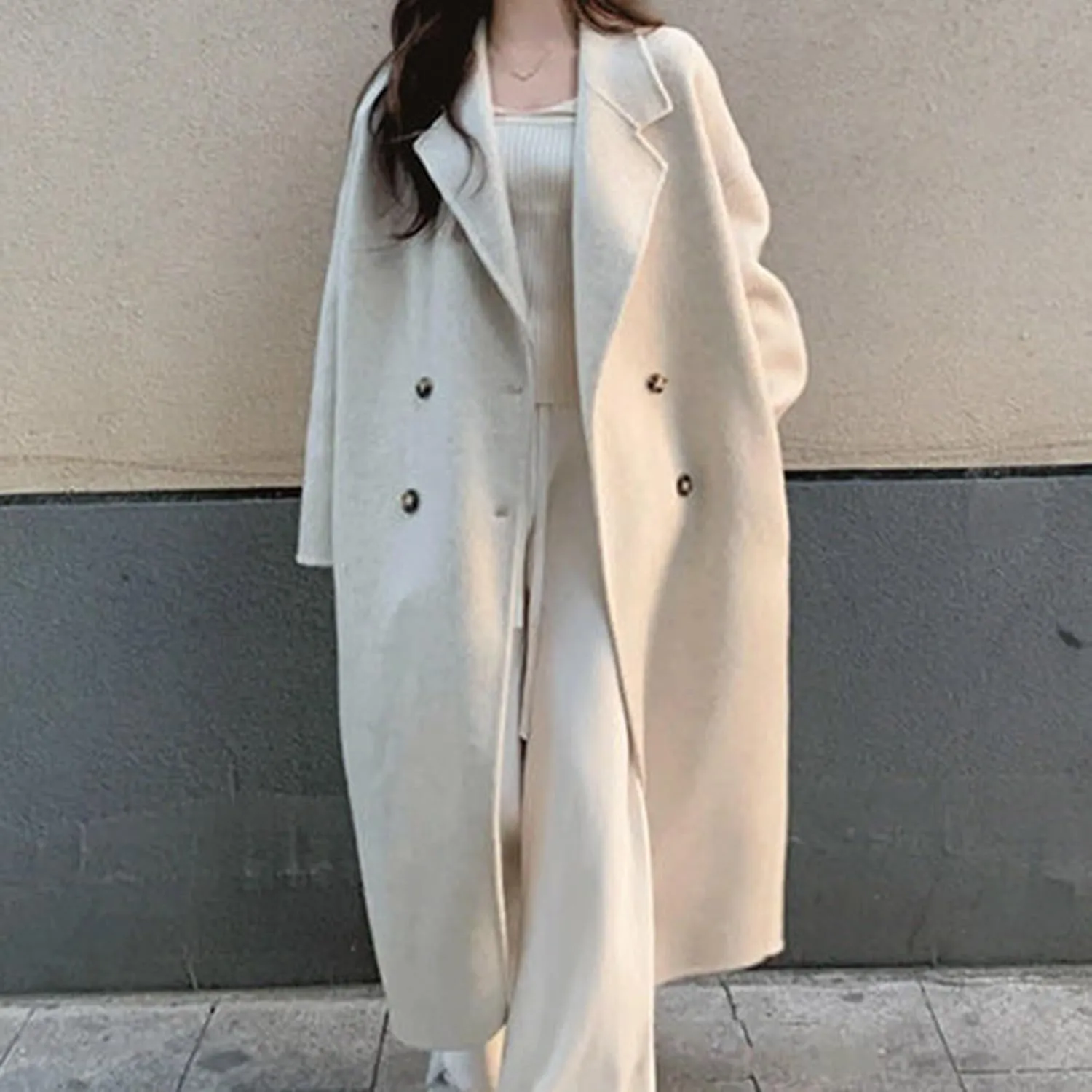 YRAETENM Pea Coats for Women Slouchy Drop Shoulder Double Breasted Maxi Long Wool Jackets Winter Trench Coats with Pockets