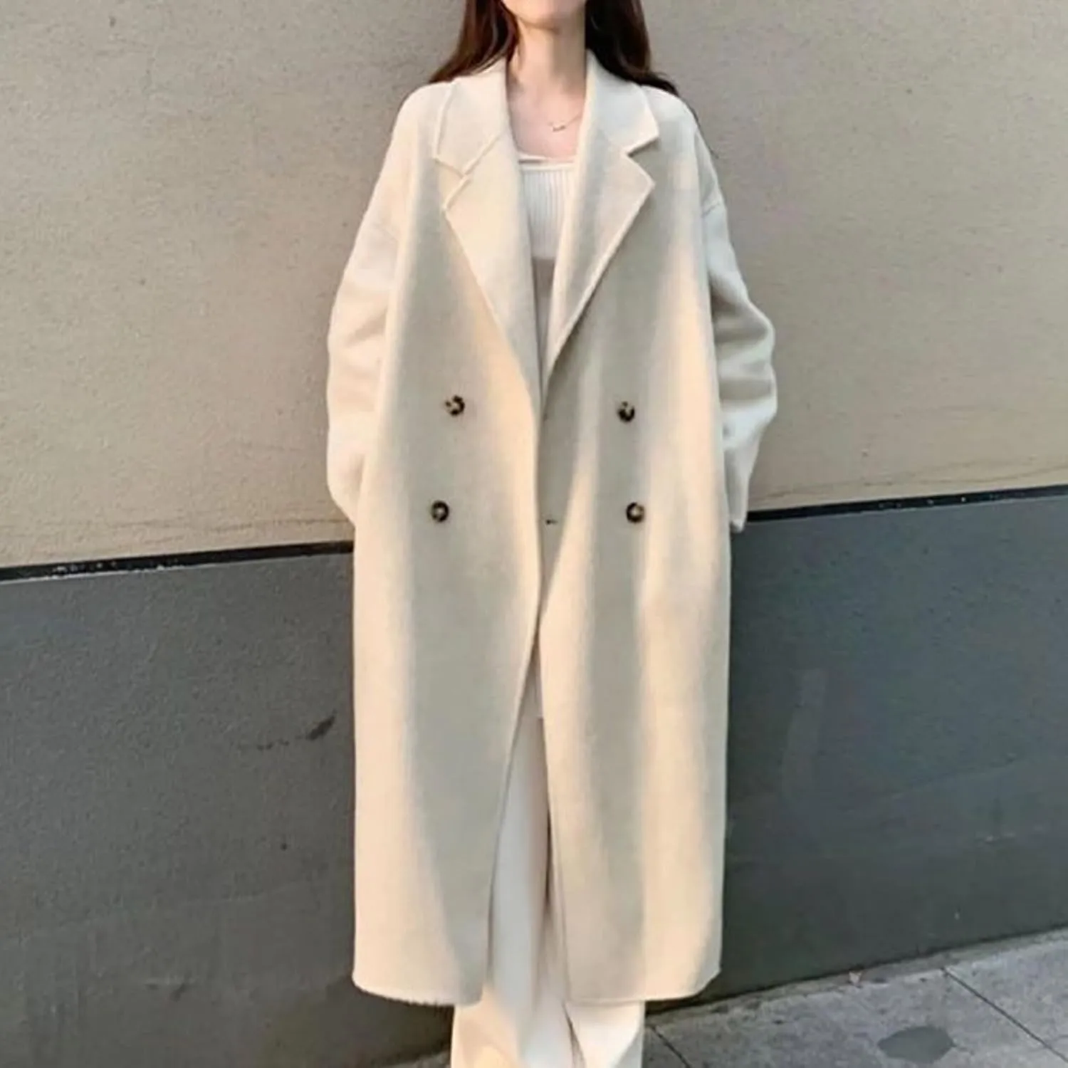YRAETENM Pea Coats for Women Slouchy Drop Shoulder Double Breasted Maxi Long Wool Jackets Winter Trench Coats with Pockets