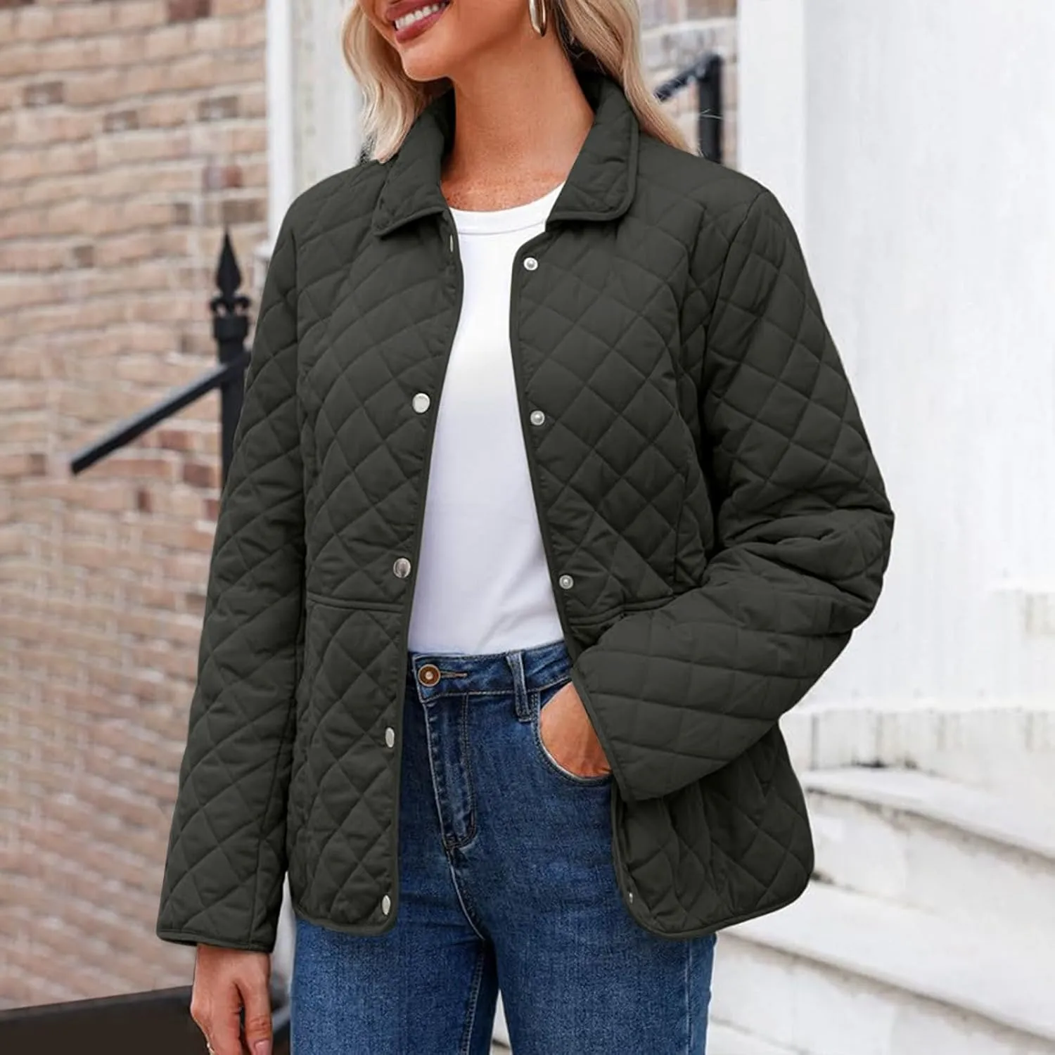 YRAETENM Quilted Jackets for Women Casual Lapel Button down Diamond Puffer Jacket Winter Lightweight Outerwear with Pockets