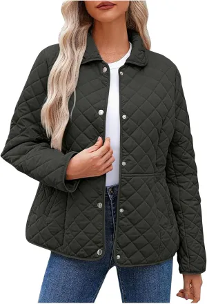 YRAETENM Quilted Jackets for Women Casual Lapel Button down Diamond Puffer Jacket Winter Lightweight Outerwear with Pockets
