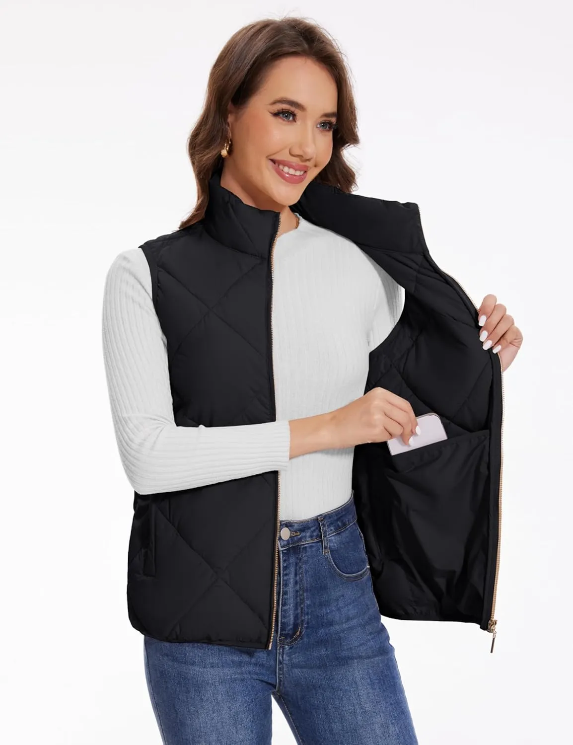 YUCOLEN Women's Quilted Vest 4 Pockets Stand Collar Lightweight Zip Padded Gilet Sleeveless Jackets Coats Outwear
