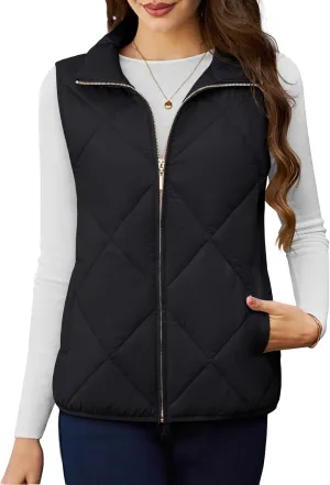 YUCOLEN Women's Quilted Vest 4 Pockets Stand Collar Lightweight Zip Padded Gilet Sleeveless Jackets Coats Outwear