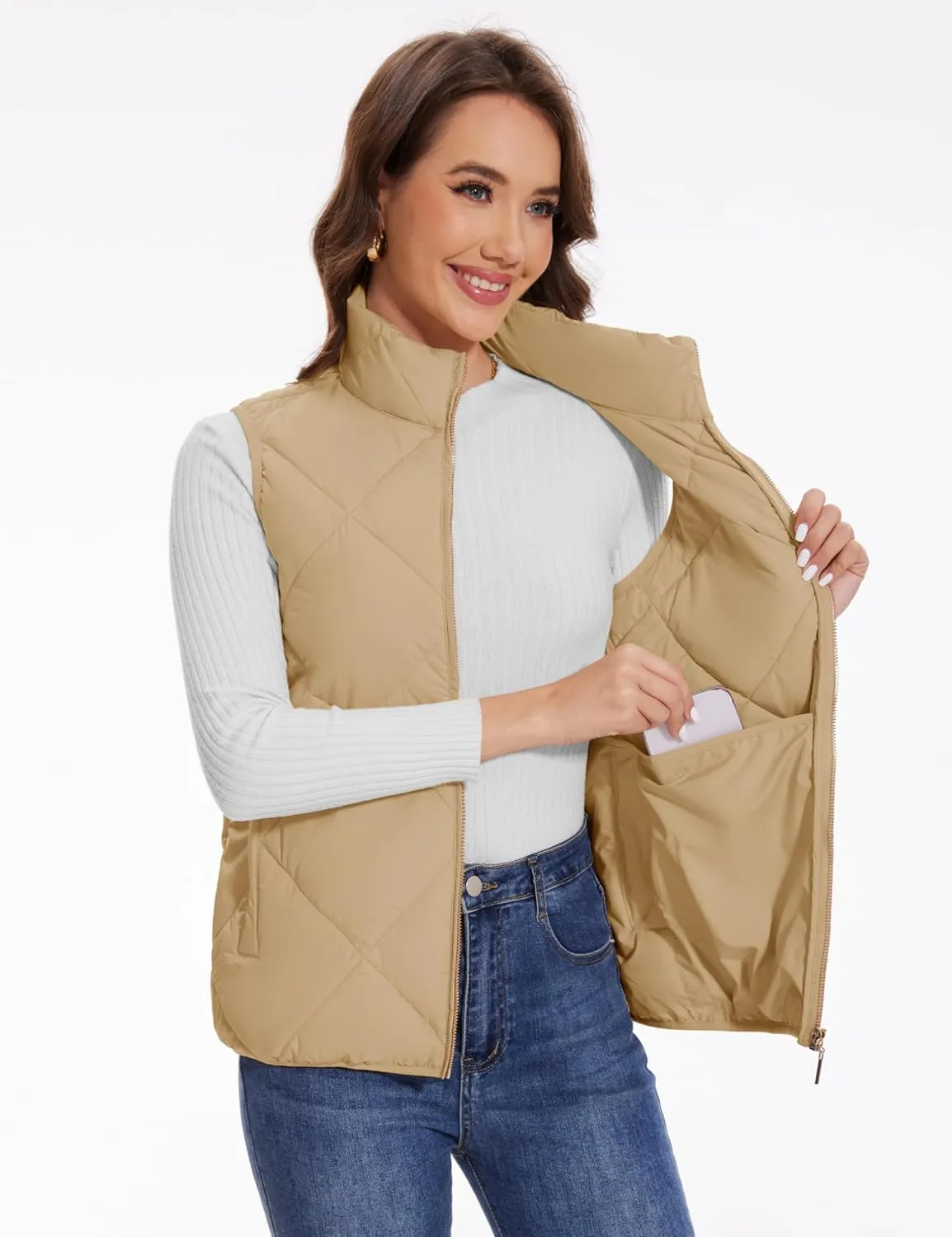 YUCOLEN Women's Quilted Vest 4 Pockets Stand Collar Lightweight Zip Padded Gilet Sleeveless Jackets Coats Outwear