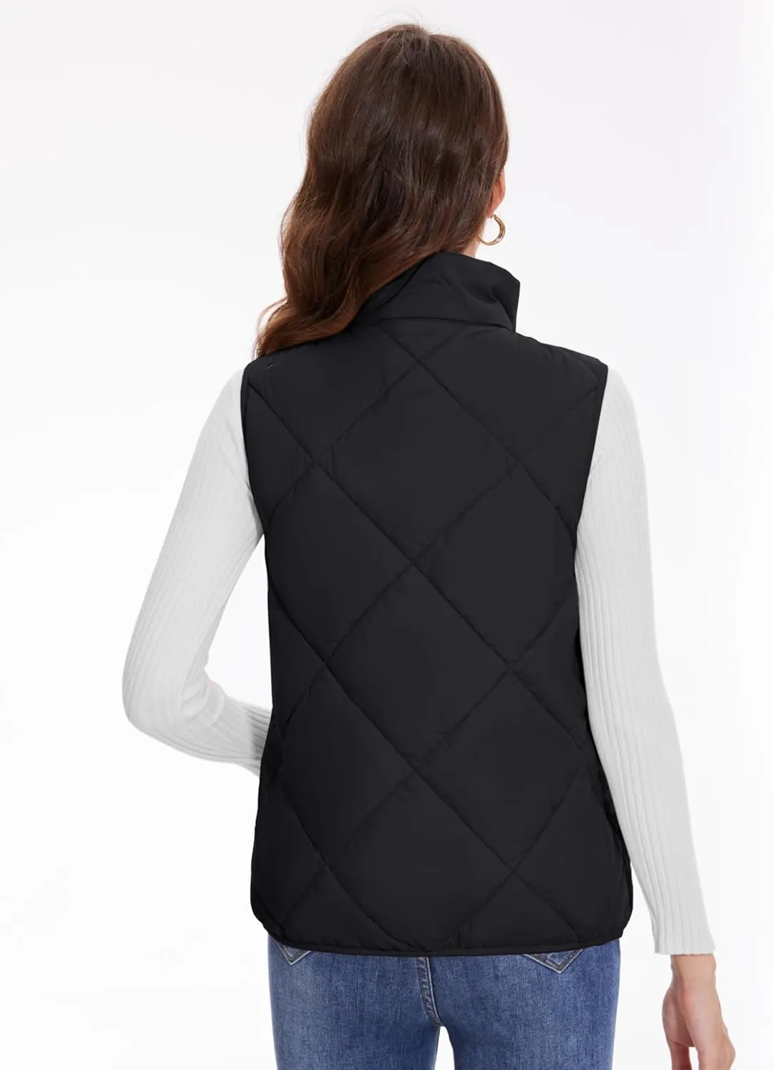 YUCOLEN Women's Quilted Vest 4 Pockets Stand Collar Lightweight Zip Padded Gilet Sleeveless Jackets Coats Outwear