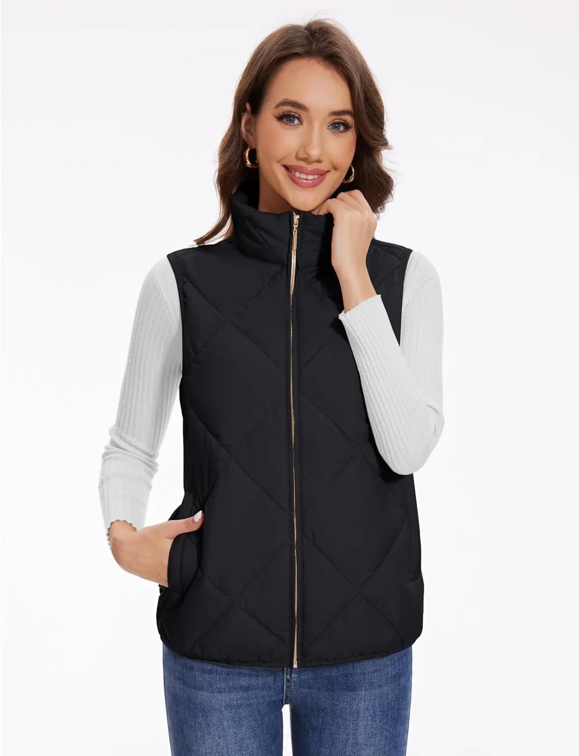 YUCOLEN Women's Quilted Vest 4 Pockets Stand Collar Lightweight Zip Padded Gilet Sleeveless Jackets Coats Outwear