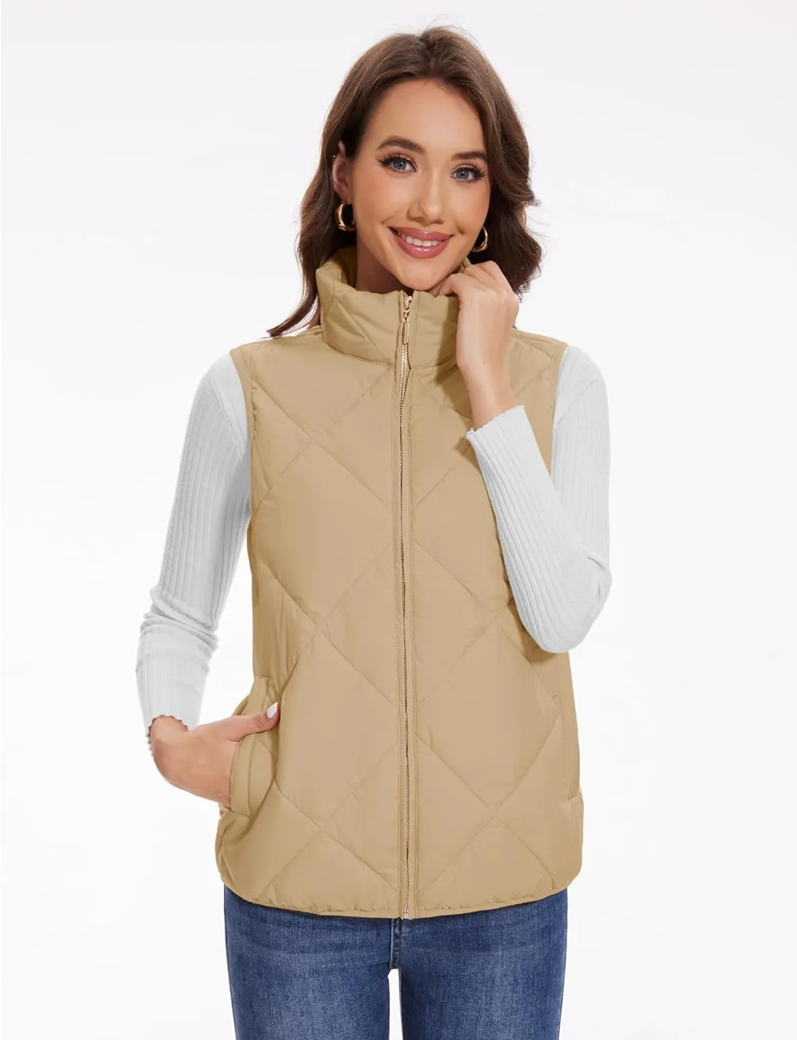 YUCOLEN Women's Quilted Vest 4 Pockets Stand Collar Lightweight Zip Padded Gilet Sleeveless Jackets Coats Outwear