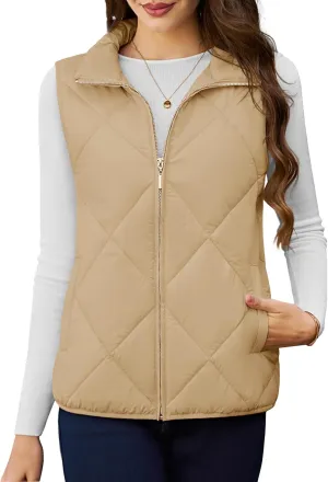 YUCOLEN Women's Quilted Vest 4 Pockets Stand Collar Lightweight Zip Padded Gilet Sleeveless Jackets Coats Outwear