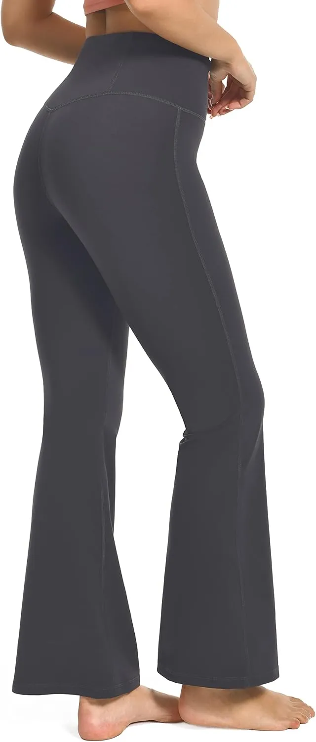 YUNOGA Women's High Waist Flared Leggings, 30"/32" Bootcut Casual Yoga Pants, Tummy Control Bell Bottom Leggings with Pockets