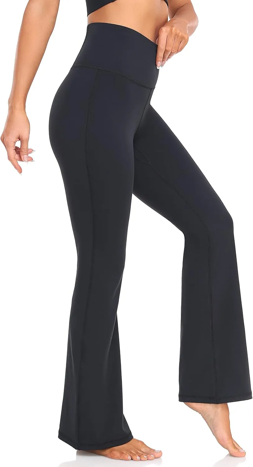 YUNOGA Women's High Waist Flared Leggings, 30"/32" Bootcut Casual Yoga Pants, Tummy Control Bell Bottom Leggings with Pockets
