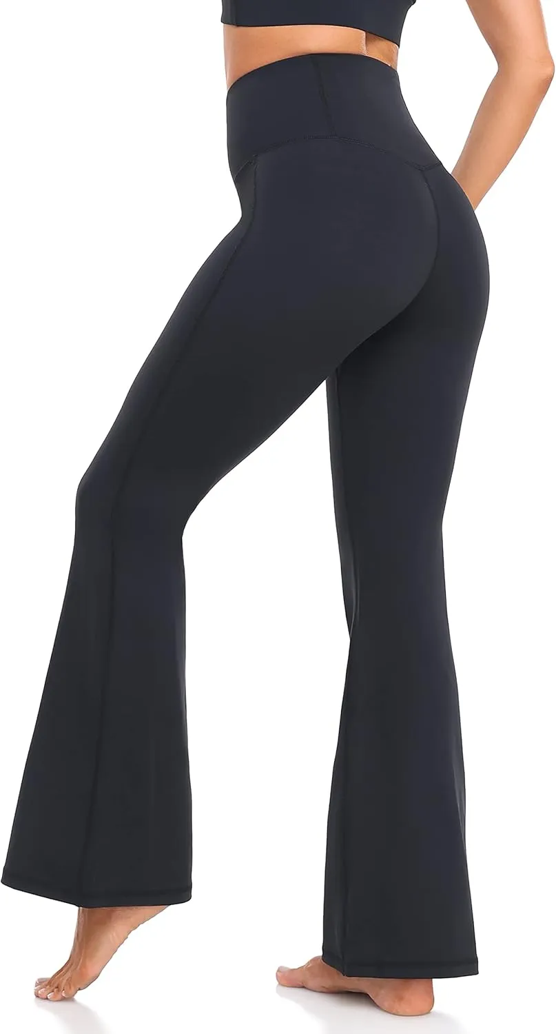 YUNOGA Women's High Waist Flared Leggings, 30"/32" Bootcut Casual Yoga Pants, Tummy Control Bell Bottom Leggings with Pockets