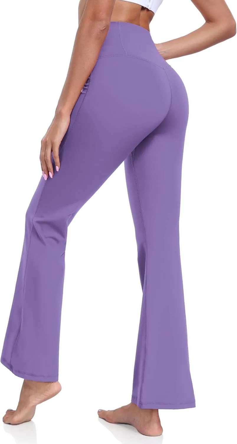 YUNOGA Women's High Waist Flared Leggings, 30"/32" Bootcut Casual Yoga Pants, Tummy Control Bell Bottom Leggings with Pockets