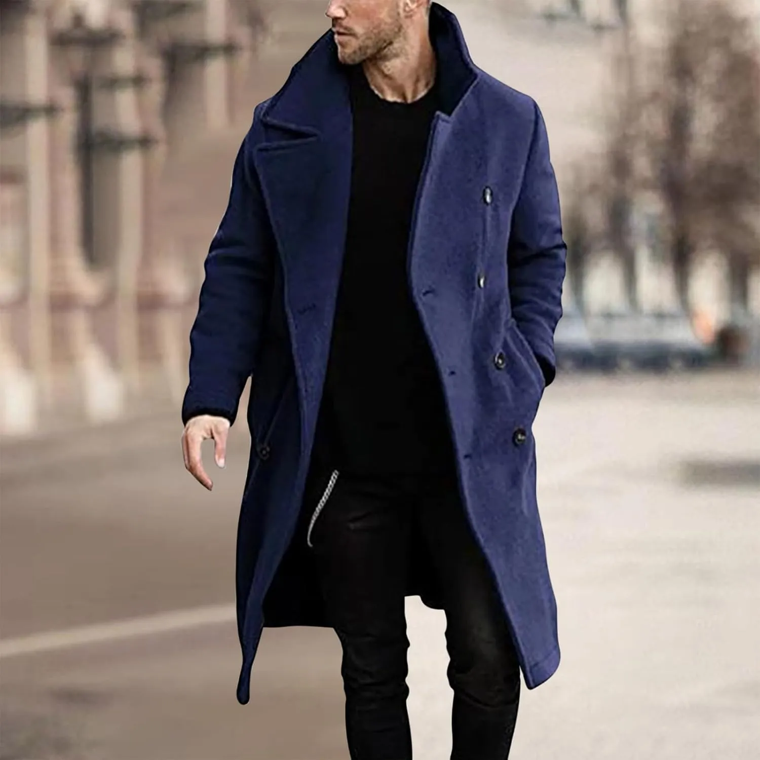 Zeiyignr Mens Trench Coat Notched Lapel Collar Double Breasted Wool Blend Pea Coat Casual Slim Fit Mid Long Overcoat Jacket