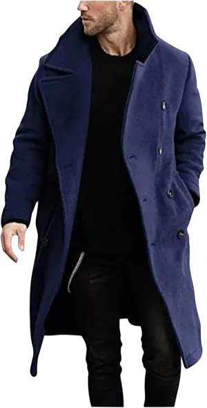Zeiyignr Mens Trench Coat Notched Lapel Collar Double Breasted Wool Blend Pea Coat Casual Slim Fit Mid Long Overcoat Jacket