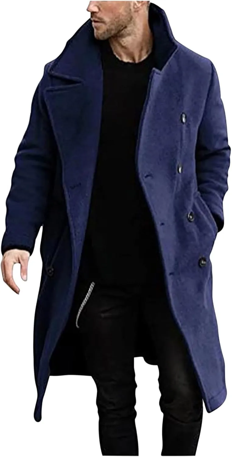 Zeiyignr Mens Trench Coat Notched Lapel Collar Double Breasted Wool Blend Pea Coat Casual Slim Fit Mid Long Overcoat Jacket