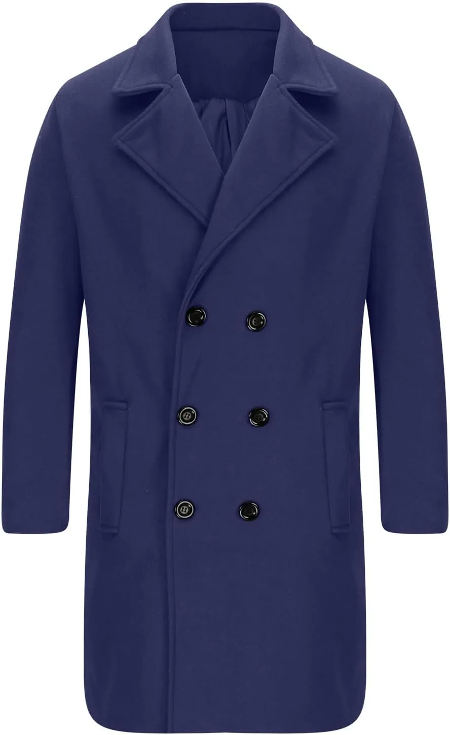 Zeiyignr Mens Trench Coat Notched Lapel Collar Double Breasted Wool Blend Pea Coat Casual Slim Fit Mid Long Overcoat Jacket