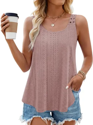 ZESICA Women's Summer Eyelet Tank Tops Loose Trendy Scoop Neck Sleeveless Flowy Beach Vacation Shirts
