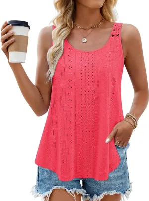 ZESICA Women's Summer Eyelet Tank Tops Loose Trendy Scoop Neck Sleeveless Flowy Beach Vacation Shirts