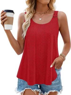 ZESICA Women's Summer Eyelet Tank Tops Loose Trendy Scoop Neck Sleeveless Flowy Beach Vacation Shirts