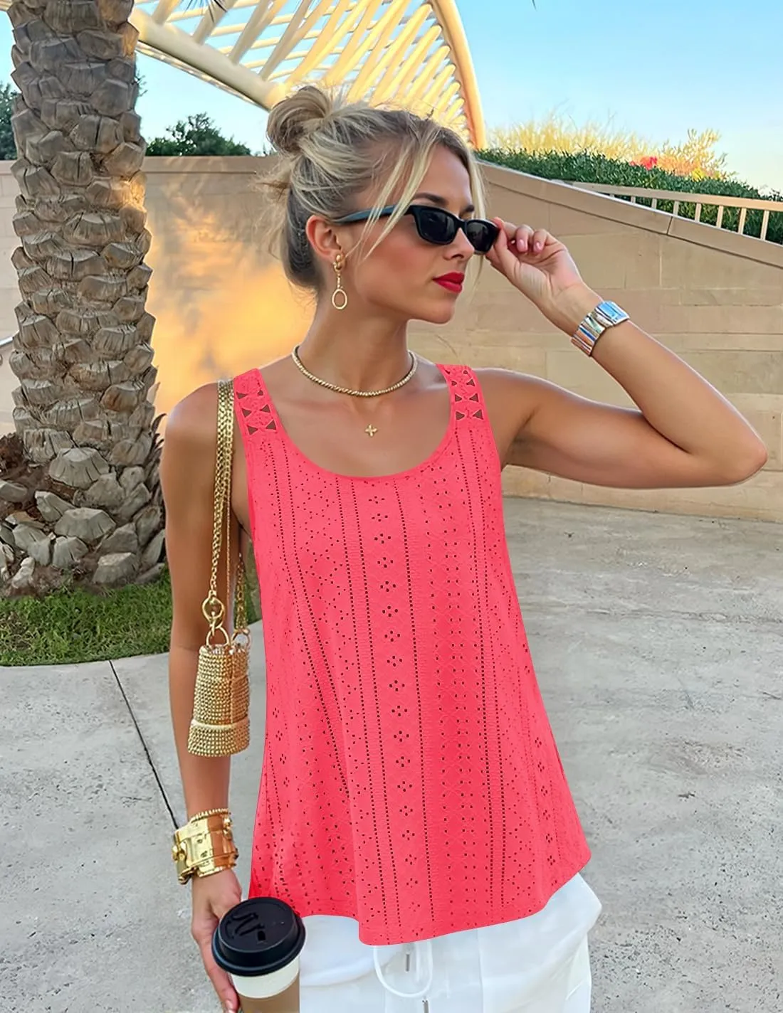 ZESICA Women's Summer Eyelet Tank Tops Loose Trendy Scoop Neck Sleeveless Flowy Beach Vacation Shirts
