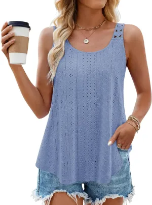 ZESICA Women's Summer Eyelet Tank Tops Loose Trendy Scoop Neck Sleeveless Flowy Beach Vacation Shirts