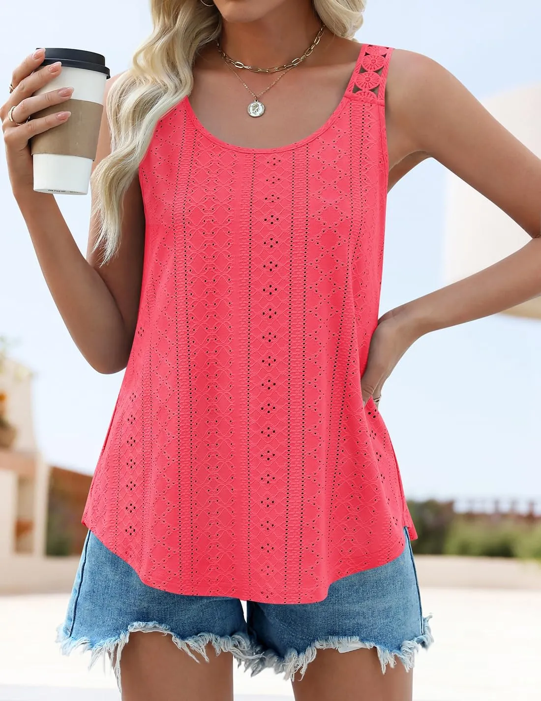 ZESICA Women's Summer Eyelet Tank Tops Loose Trendy Scoop Neck Sleeveless Flowy Beach Vacation Shirts
