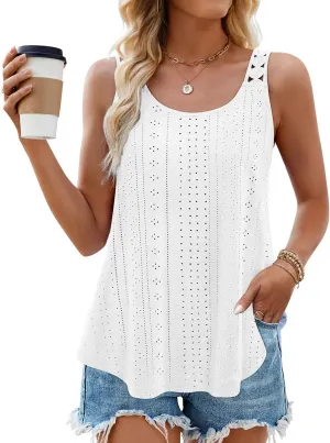 ZESICA Women's Summer Eyelet Tank Tops Loose Trendy Scoop Neck Sleeveless Flowy Beach Vacation Shirts