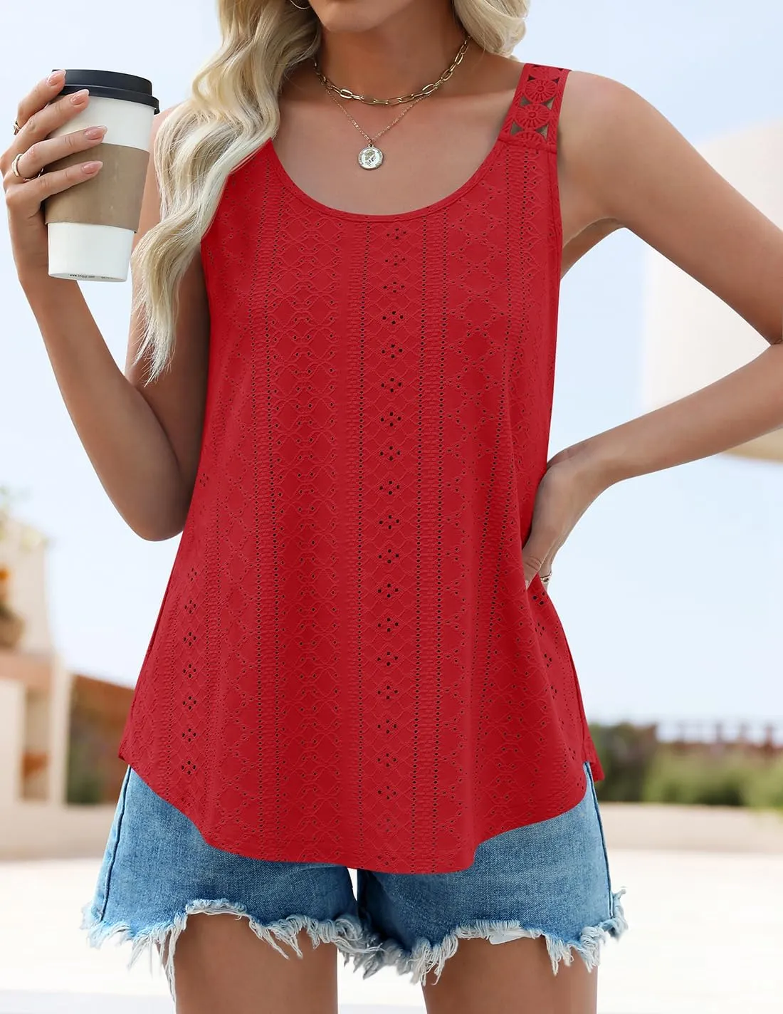 ZESICA Women's Summer Eyelet Tank Tops Loose Trendy Scoop Neck Sleeveless Flowy Beach Vacation Shirts