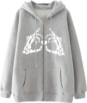 Zip Up Hoodie for Women Oversized Skeleton Graphic Pockets Drawstring Y2K Hooded Sweatshirts Cpmfort Travel Zipper Hoodie