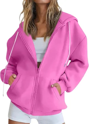 Zip Up Hoodie Women Oversized Fleece Jacket Drawstring Cute Hoodies Y2k Lightweight Fall Sweatshirts with Pockets