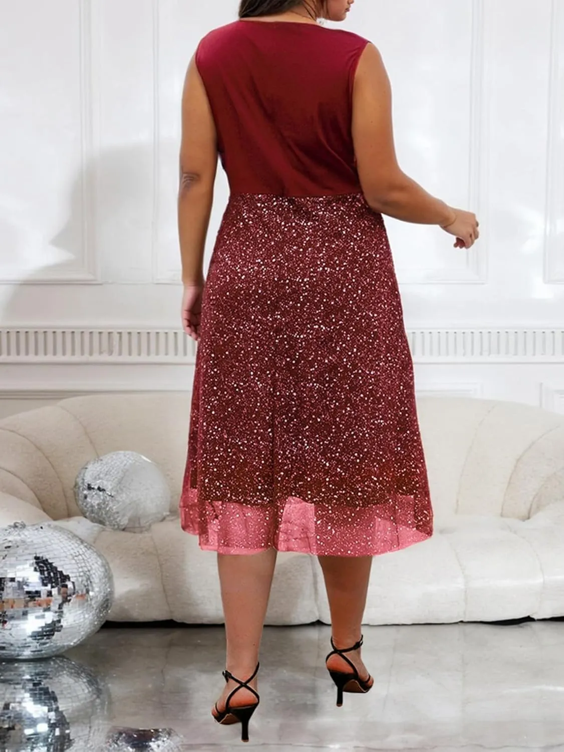 ZNU Plus Size Women Sparkly Sleeveless Party Midi Dress 2025, Summer Cocktail Evening Glitter Mesh Dress for Wedding Guest