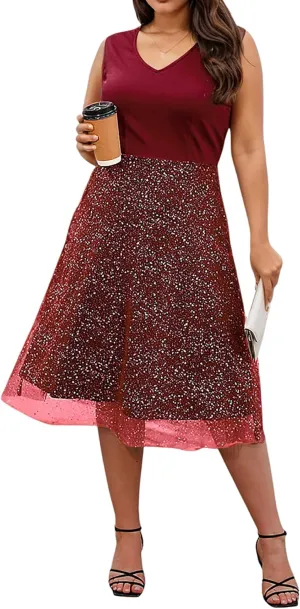 ZNU Plus Size Women Sparkly Sleeveless Party Midi Dress 2025, Summer Cocktail Evening Glitter Mesh Dress for Wedding Guest