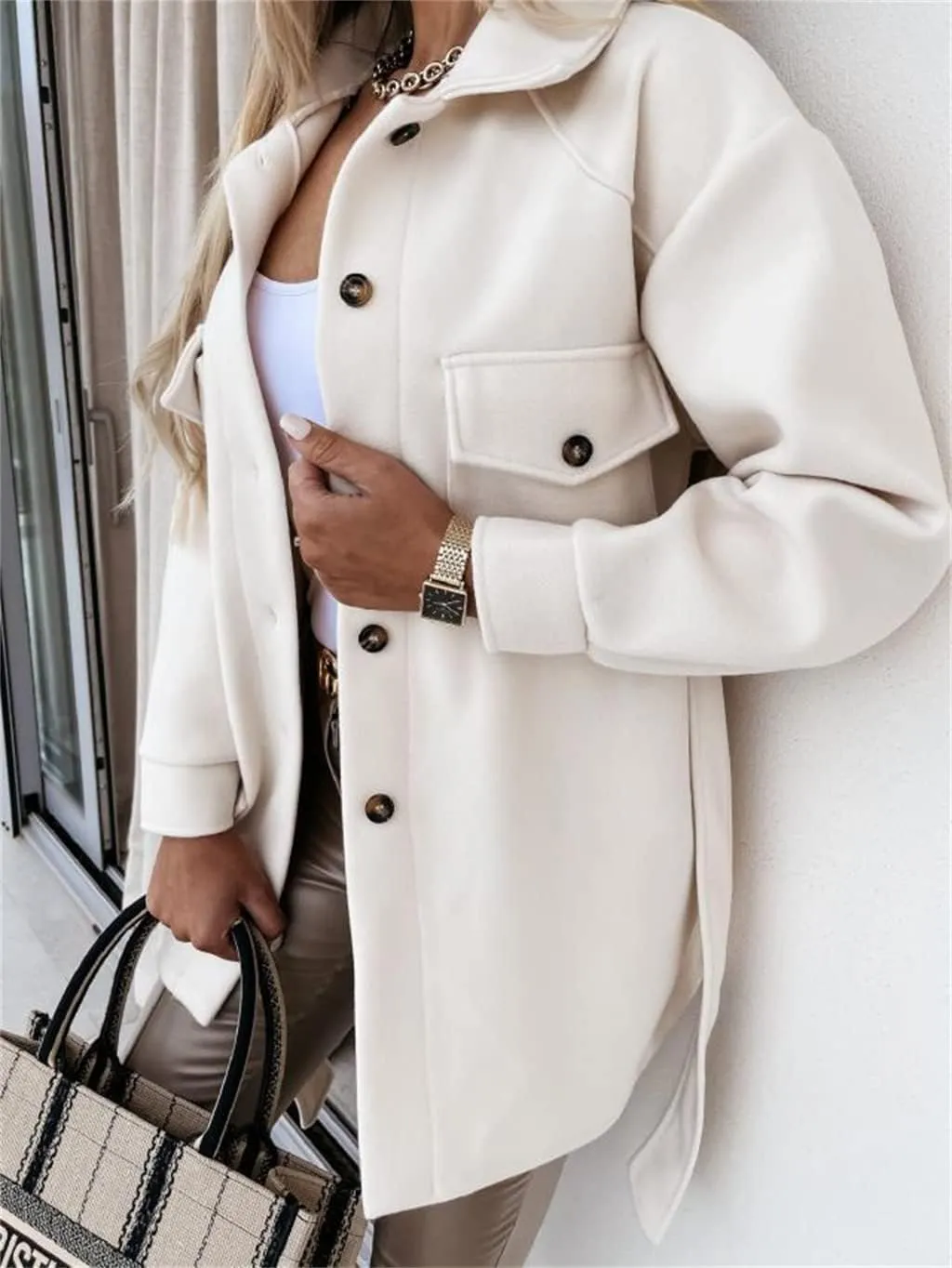 ZWRXW Womens Trench Coats Fashion Lapel Button Down Peacoat with Belted Casual Fall Winter Woolen Jackets Mid-Long Outwear