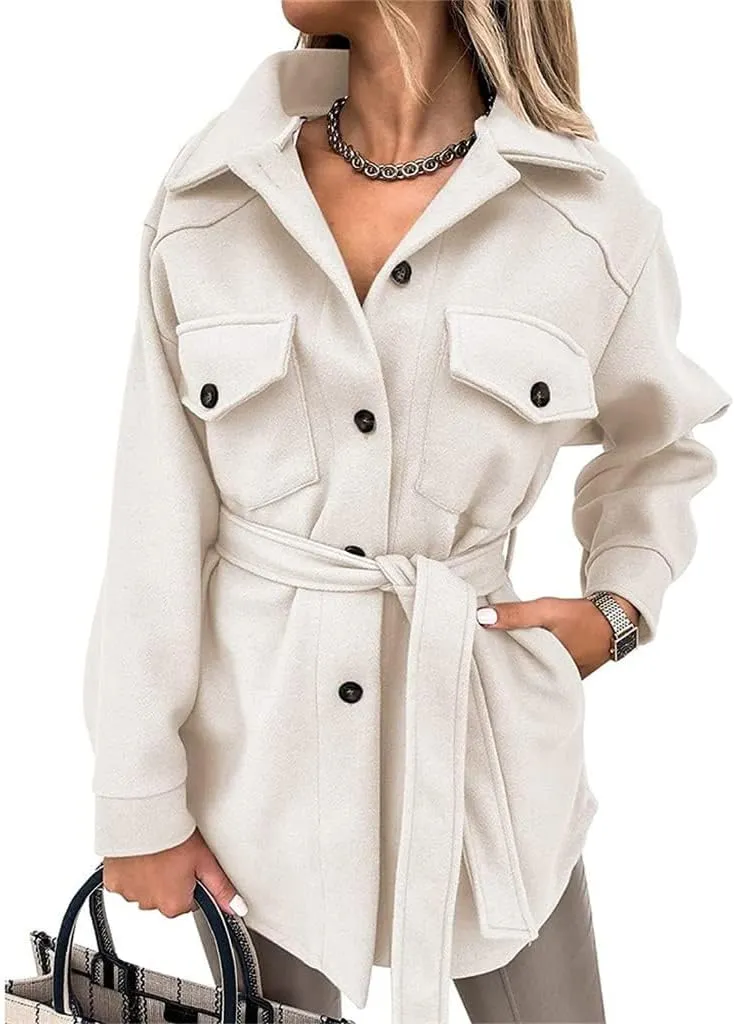 ZWRXW Womens Trench Coats Fashion Lapel Button Down Peacoat with Belted Casual Fall Winter Woolen Jackets Mid-Long Outwear