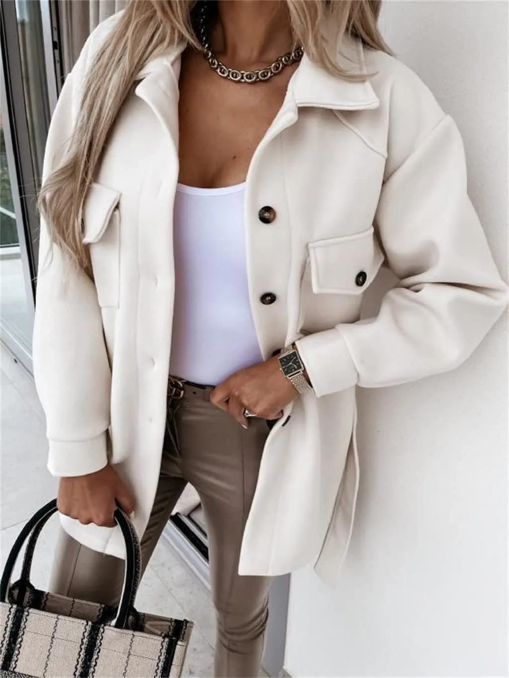 ZWRXW Womens Trench Coats Fashion Lapel Button Down Peacoat with Belted Casual Fall Winter Woolen Jackets Mid-Long Outwear