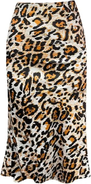 ZWSYXL Ladies Leopard Print Skirt High Waist Elastic Silk Satin Midi Skirt Spring Casual Mid-Length Cheetah A Link Skirts