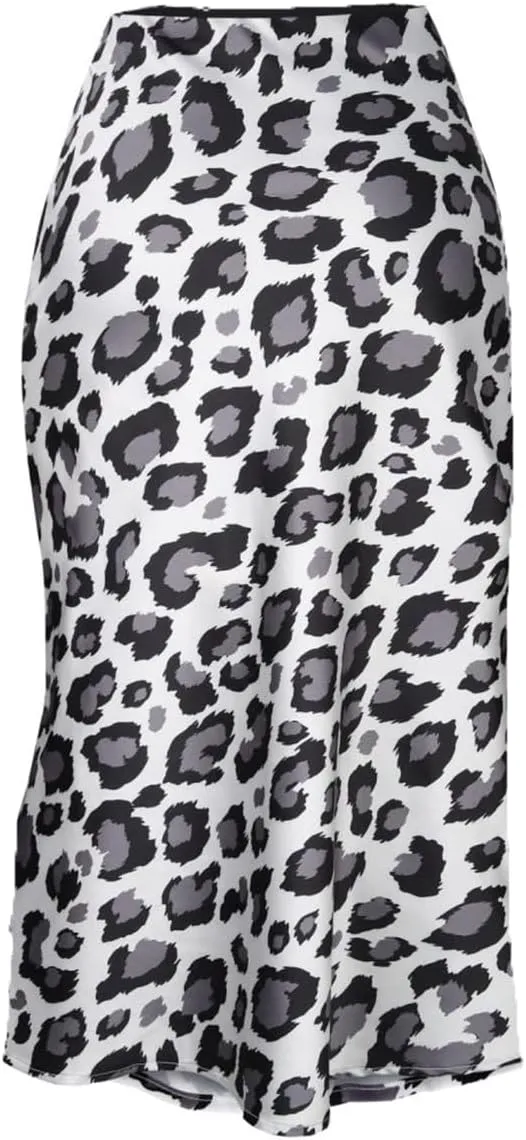 ZWSYXL Ladies Leopard Print Skirt High Waist Elastic Silk Satin Midi Skirt Spring Casual Mid-Length Cheetah A Link Skirts