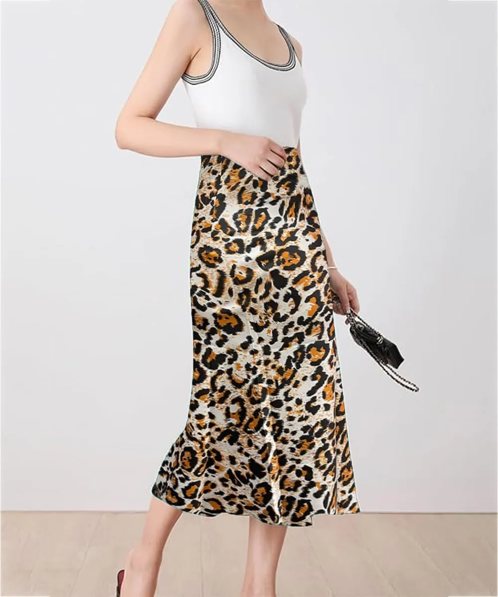 ZWSYXL Ladies Leopard Print Skirt High Waist Elastic Silk Satin Midi Skirt Spring Casual Mid-Length Cheetah A Link Skirts
